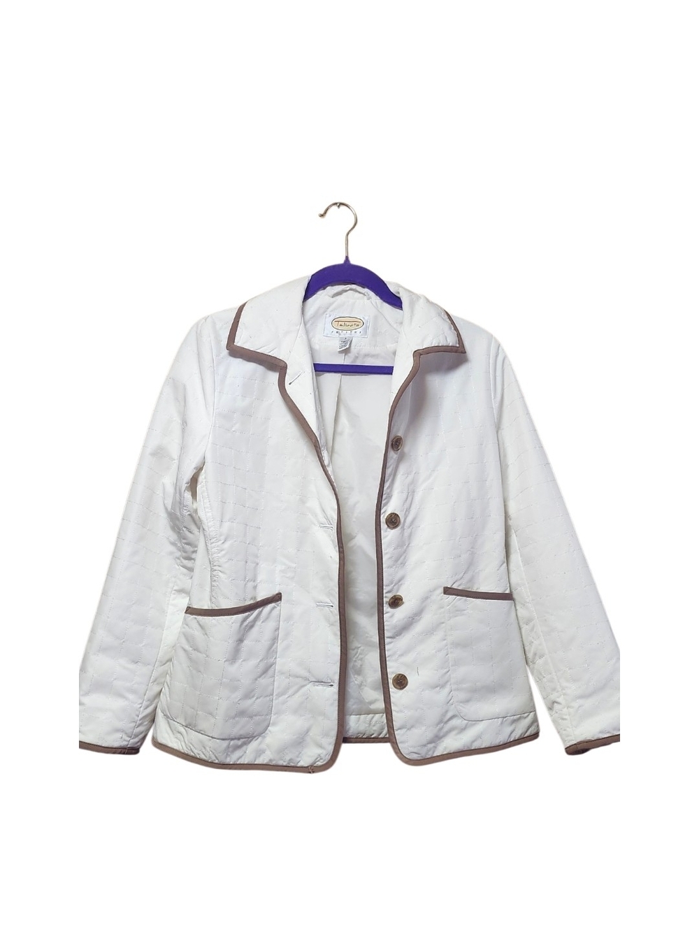 Talbots White Quilted Jacket with Brown Trim